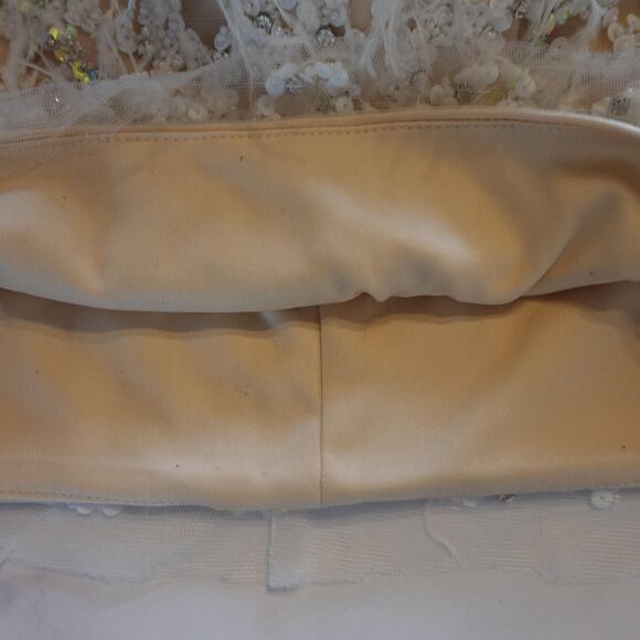 Vintage Y2K Dress 6 Nude Cocktail Party Sequin Beaded Feather Lace Up Back Mini - Picture 14 of 16